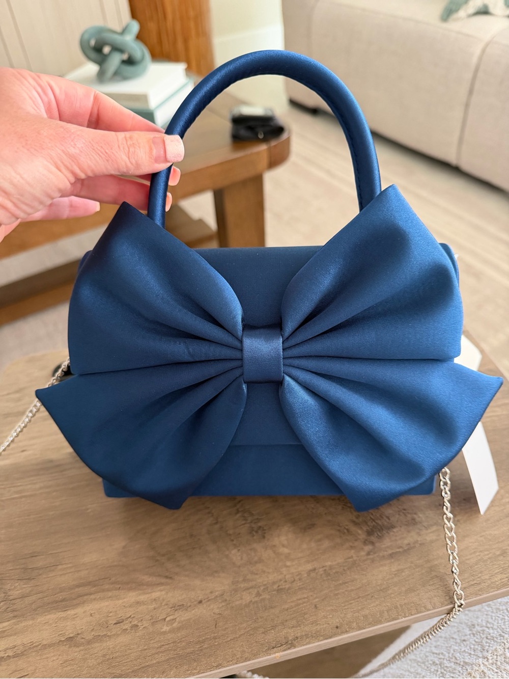 Alessia Satin Blue Bow-Accent Top Handle Evening Bag